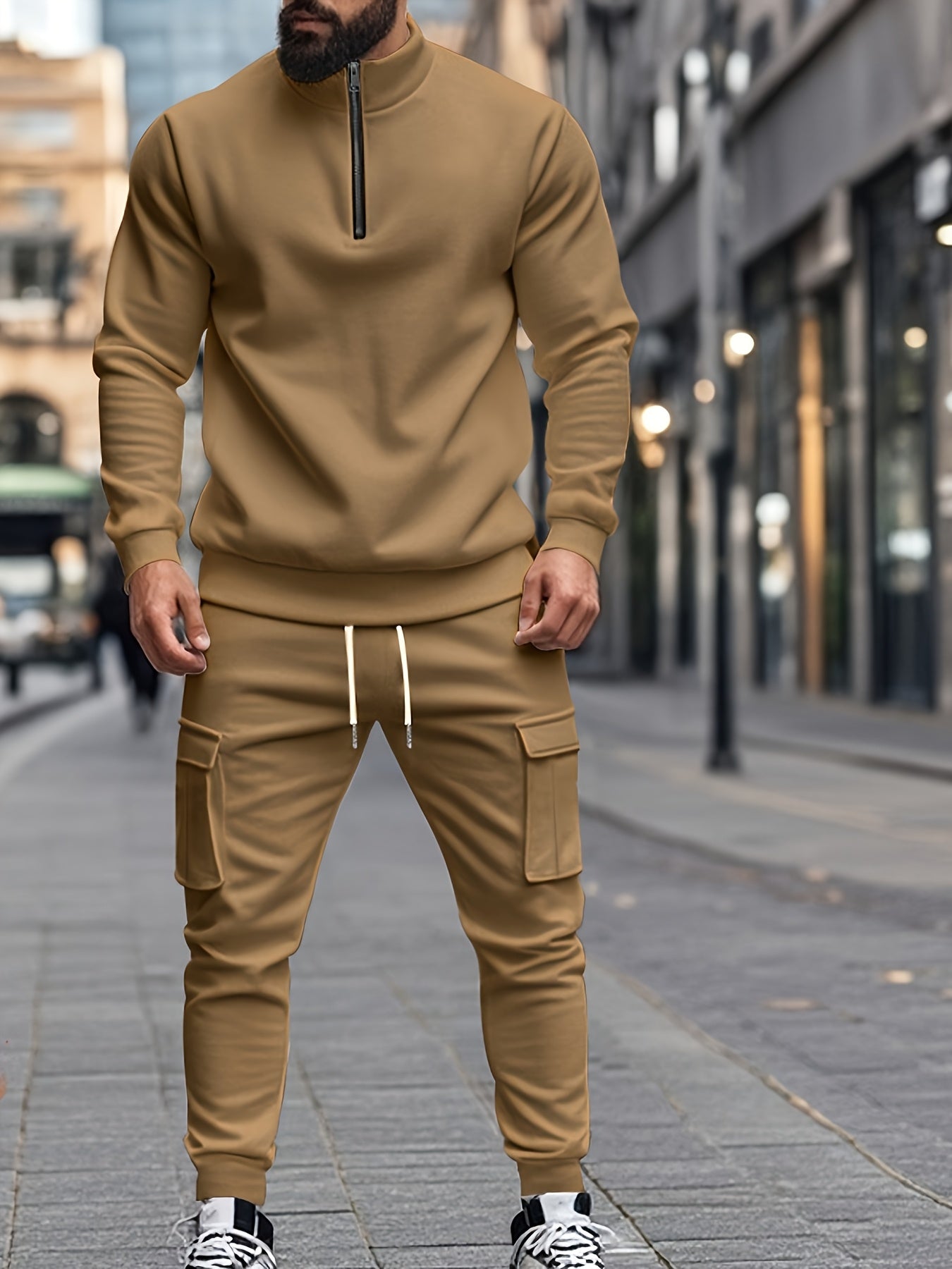 Versatile Ensemble, Men's Casual 2pcs Set: Heavyweight Zip-Up High Neck Sweatshirt & Pocketed Work Pants - Solid Color, Plush Fabric for Fall/Winter