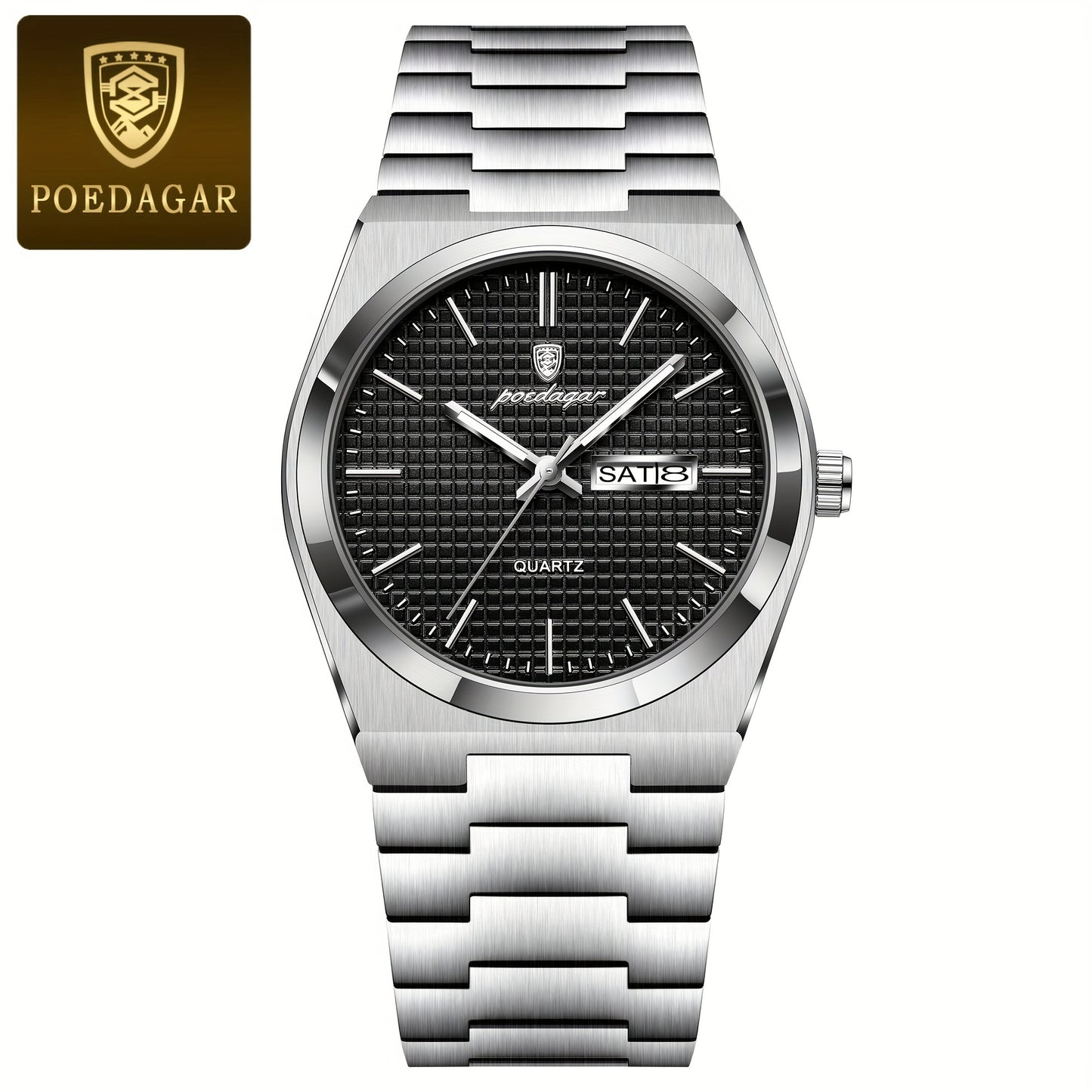 POEDAGAR Elegant Women'S Quartz Watch, Luminous Calendar, Stainless Steel Band, Round Alloy Case, Fashionable Night-Glowing Dial with Blue & Orange Accents