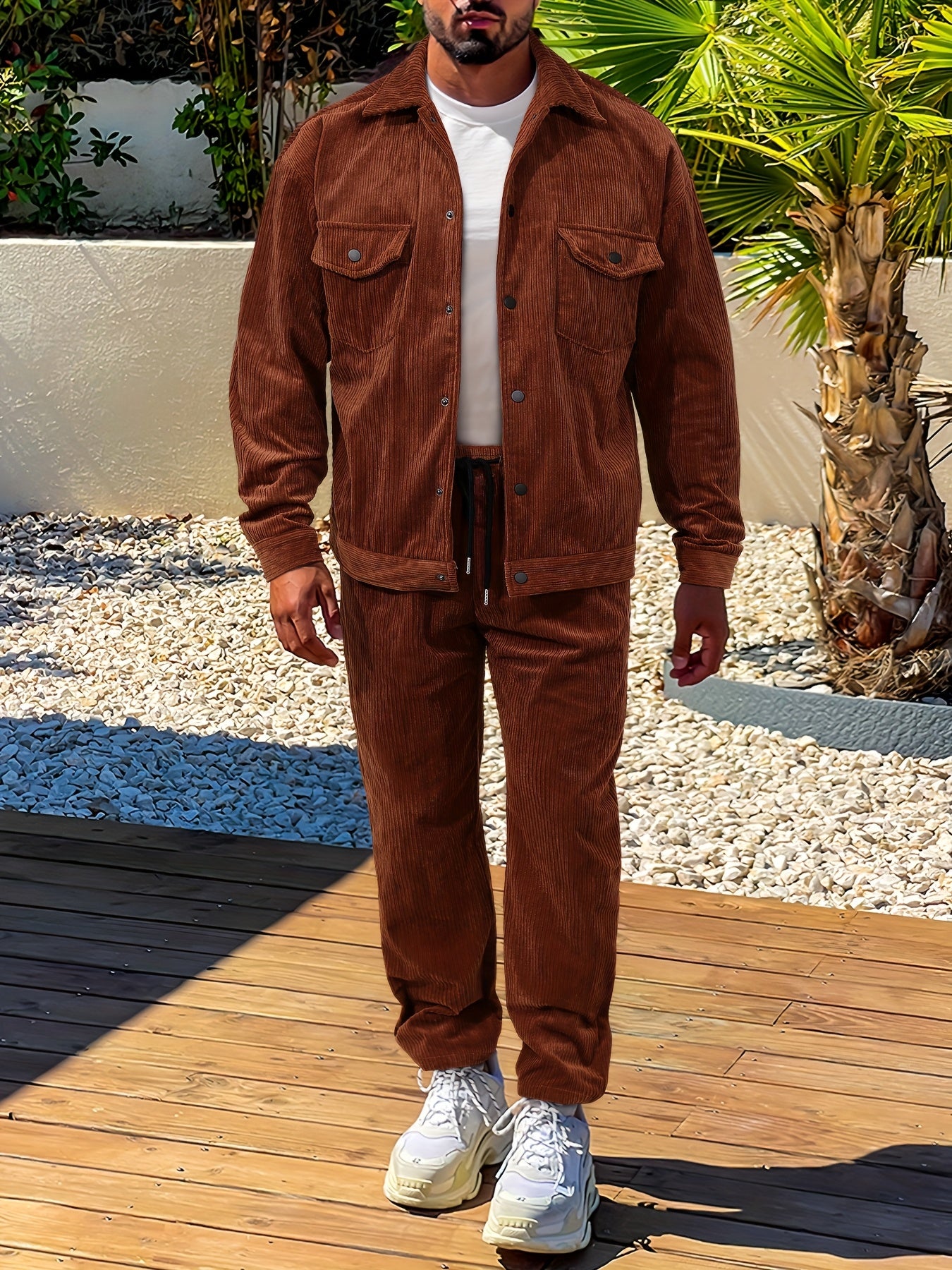 Men'S 2pcs Set of Woven Textured Fabric Work Bag Long Sleeve Jacket And Drawstring Casual Loose Pants Suit