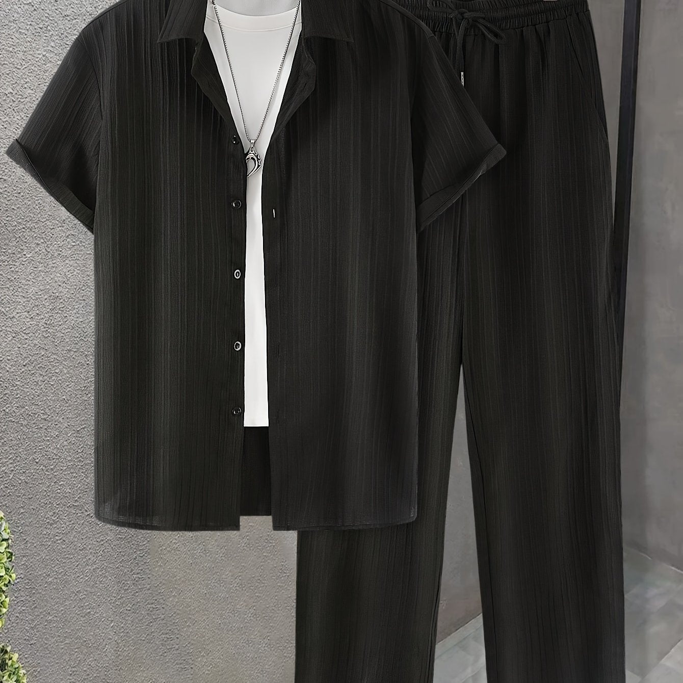 New Men's Short-Sleeved Cardigan Turnover Collar Shirt and Trousers Home Leisure Outerwear Set Men's Fashion Striped Style