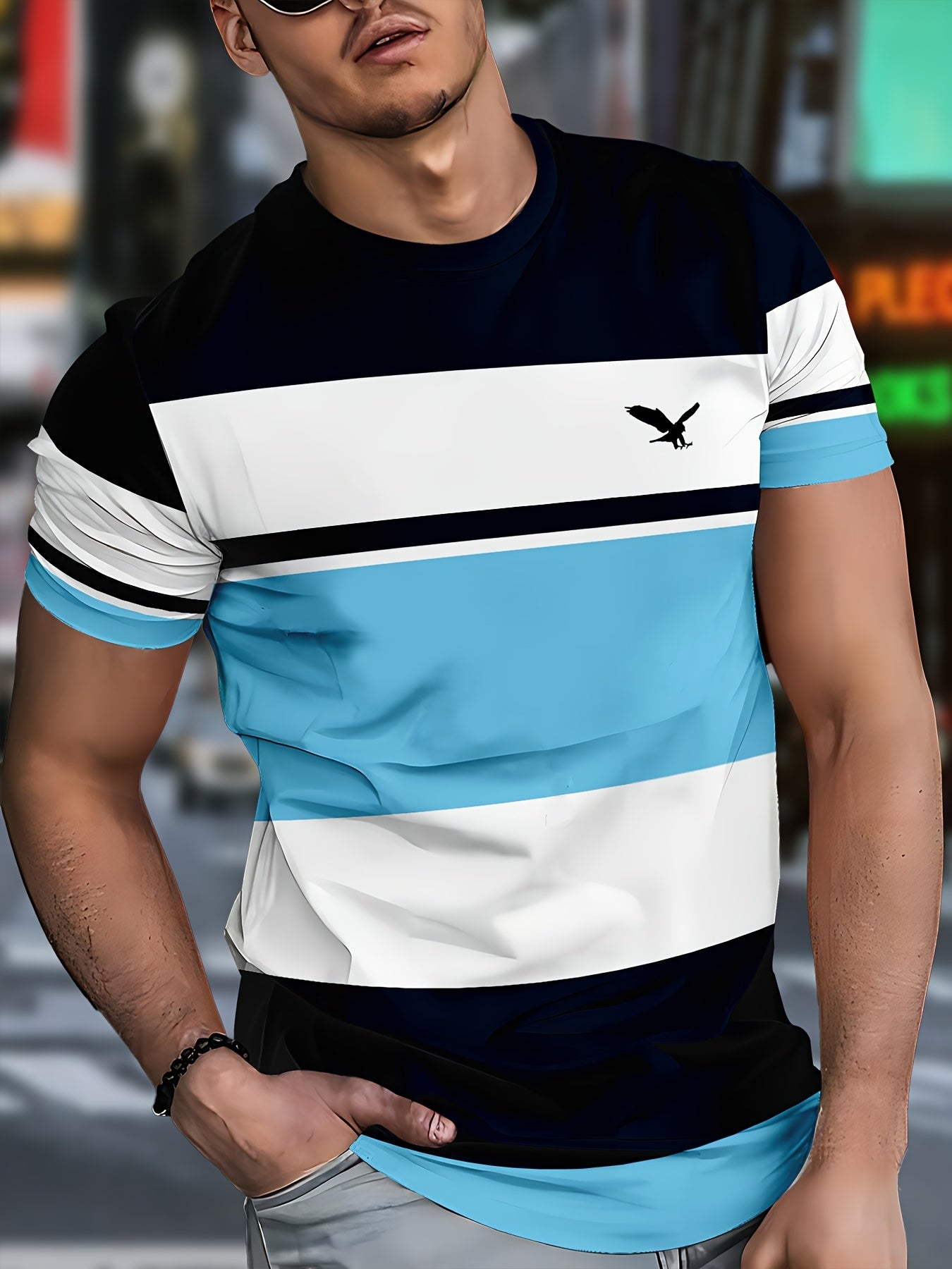 Men's 3D Digital Print Short Sleeve T-Shirt - Bold Striped Color Block Design, Breathable Round Neck, Lightweight All-Season Casual Tee, Machine Washable, Everyday Outfit, Modern Fashion, Durable Tee, Printed Shirt, Streetwea