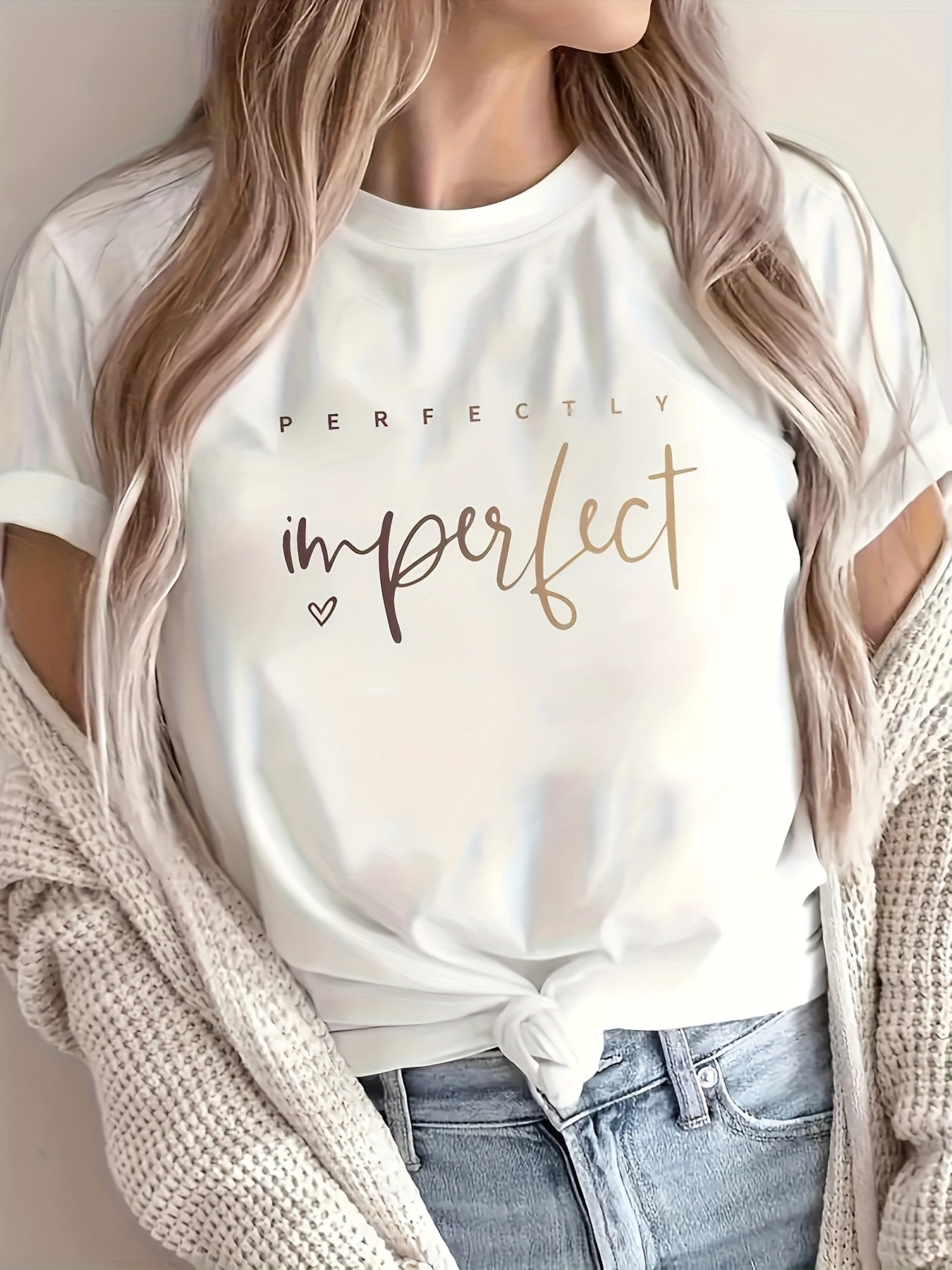 Women's Casual Letter Print T-Shirt - "Perfectly Imperfect" Design, Crew Neck, Short Sleeve, Soft Polyester Fabric, Versatile Everyday Top