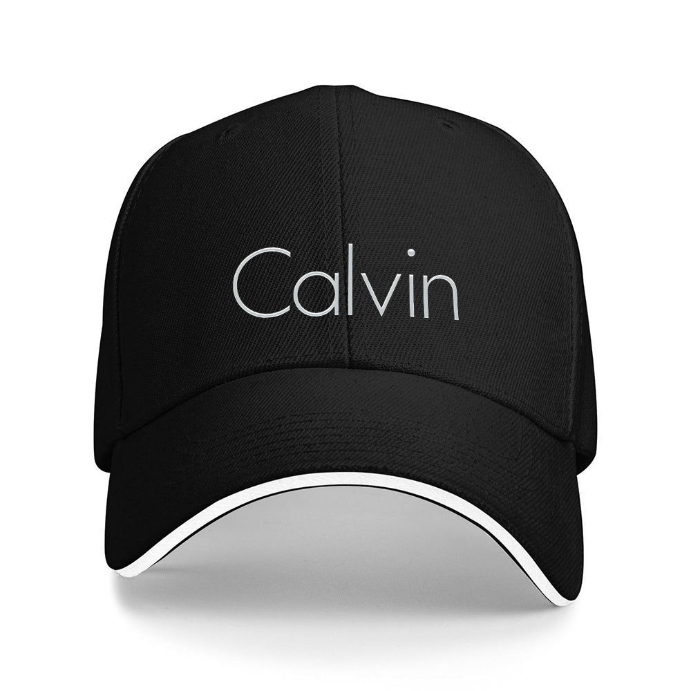Men's Sporty Breathable Polyester Baseball Cap with Modern Metallic Calvin Text Pattern - Black & White Contrast Design for Fitness, Running, Couples Matching Hats, Fitness Accessory, Sleek Sporty Style, Comfortable Headwear