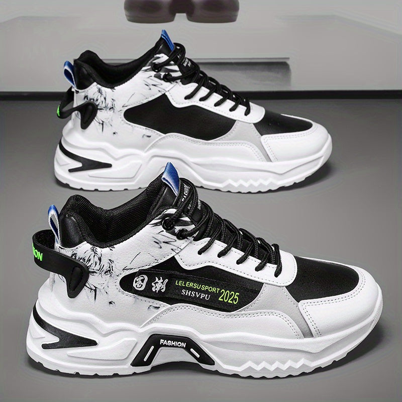 Men's Sneakers - Thick Platform Cushioned Sole, Lace-Up Closure, PU Upper & Non-Slip PVC Outsole - All-Season Gym, Casual, Everyday Sneakers - Black/White Colorway - Affordable Men's Footwear, Casual Walking, Trendy Kicks, Co