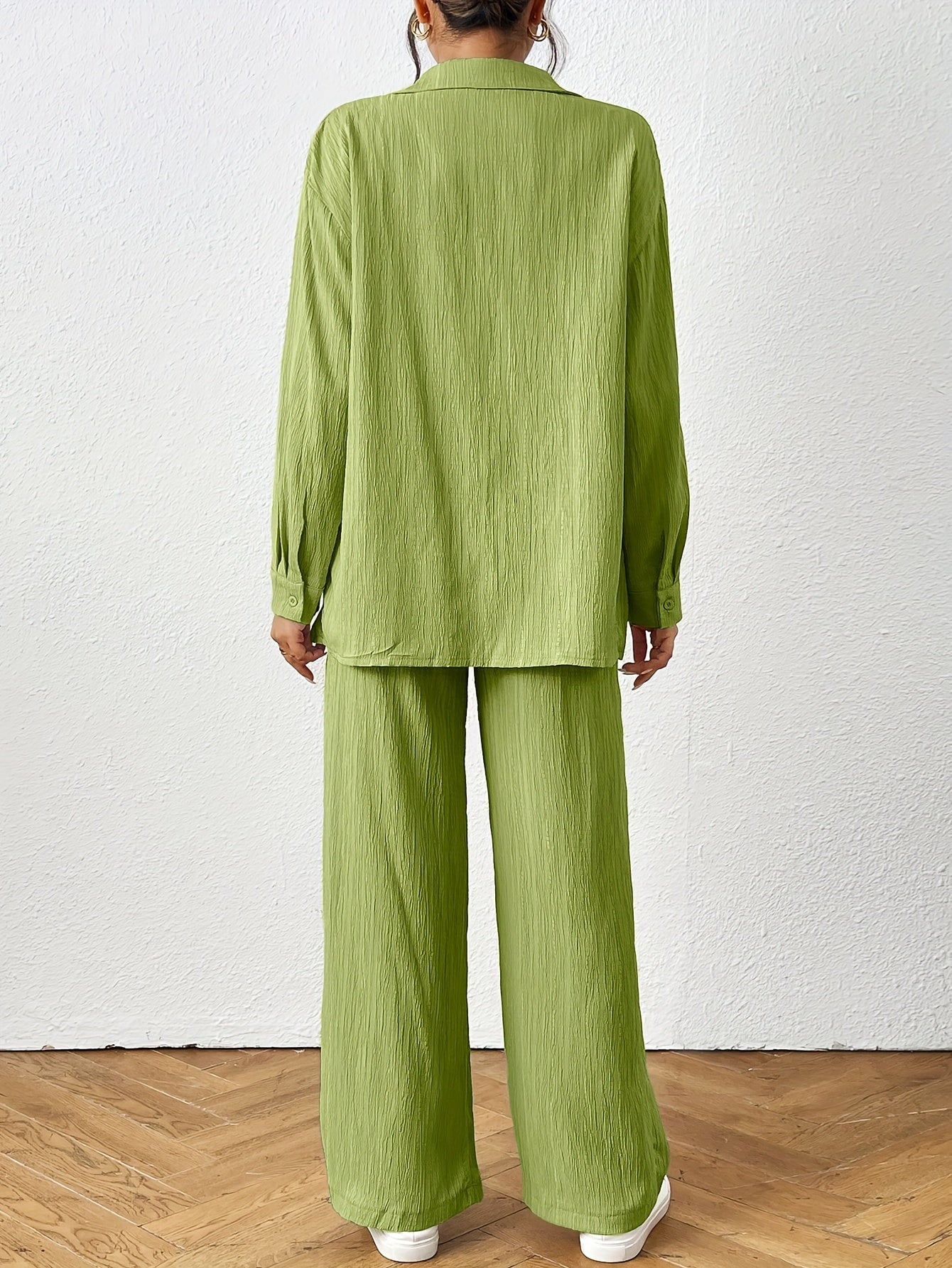 2pcs Women Spring & Autumn Casual Solid Color Long Sleeve Shirt And Pants Set