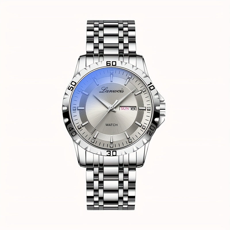 1pc Men's Business Style Stainless Steel Strap Watch - IPX7 Waterproof, Luminous Hands & Dial, Calendar & Week Display, Quartz Movement, Travel Leisure Sports Watch with Gift Box, Luxury Wristwatch | Sleek Metallic Finish | D