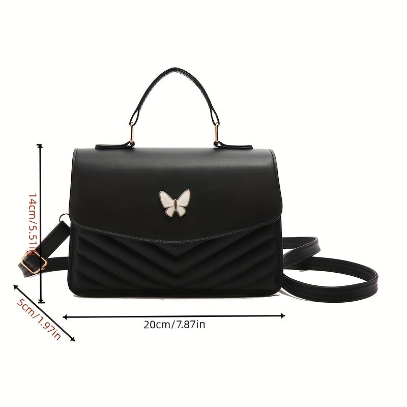 Elegant Women's Crossbody Bag with Butterfly Embellishment - Quilted Black Synthetic Leather Handbag, Magnetic Closure & Adjustable Strap, Compact Everyday Shoulder Bag for Women, Crossbody Purse, Sophisticated Accessory