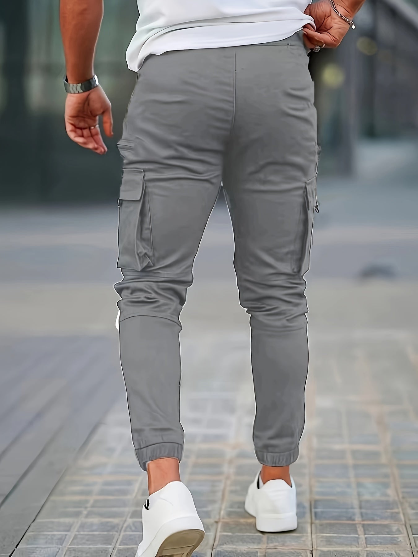 Men's Solid Color Multi-pocket Cargo Pants With Drawstrings, Casual Stylish Sports Trousers As Gift