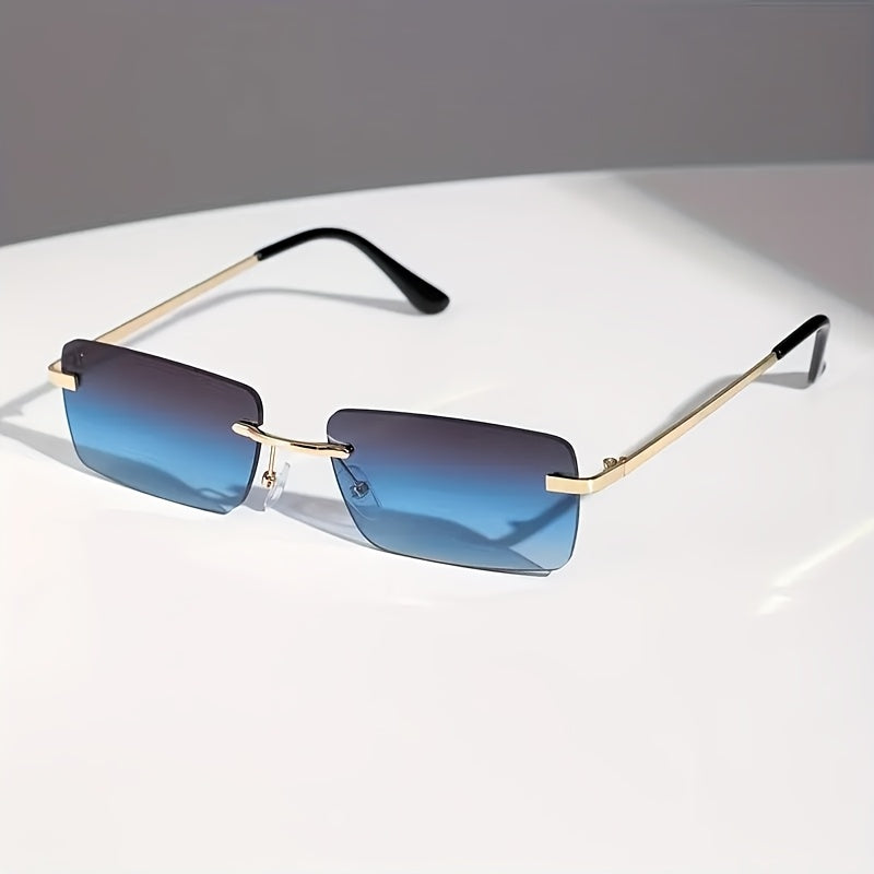 1 Pair Y2K-Inspired Rimless Fashion Glasses - Blue & Golden Frameless Eyewear with Polycarbonate Lenses, Lightweight Durable Rectangular Design for Men & Women, Casual Streetwear, Parties, Everyday Fashion Accessories, Party