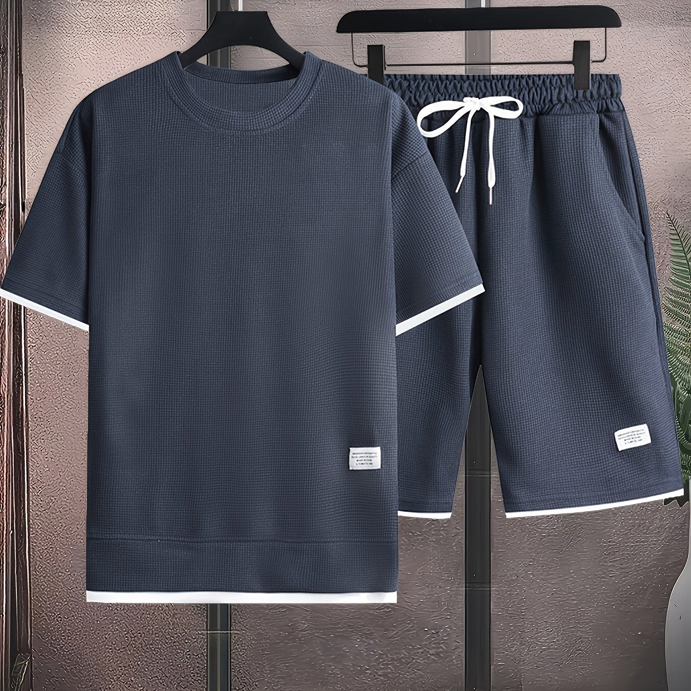 Waffle short-sleeved T-shirt Men's casual sports suit summer loose fake two-piece half-sleeve T-shirt set