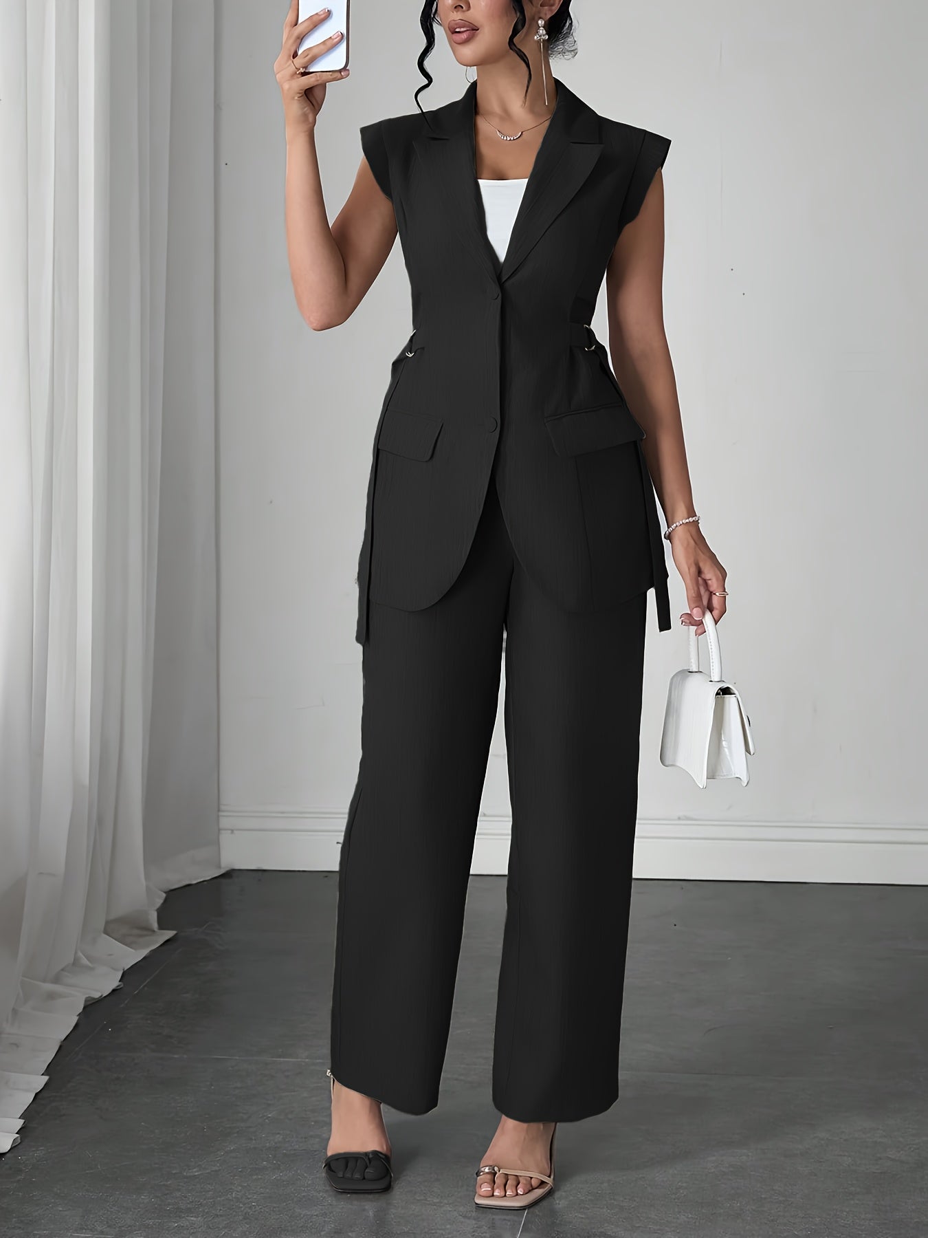 Stylish Women'S Elegant Modern Two-Piece Set with Side-Waist Design, Solid Color Sleeveless Jacket and Pants for Spring/Summer