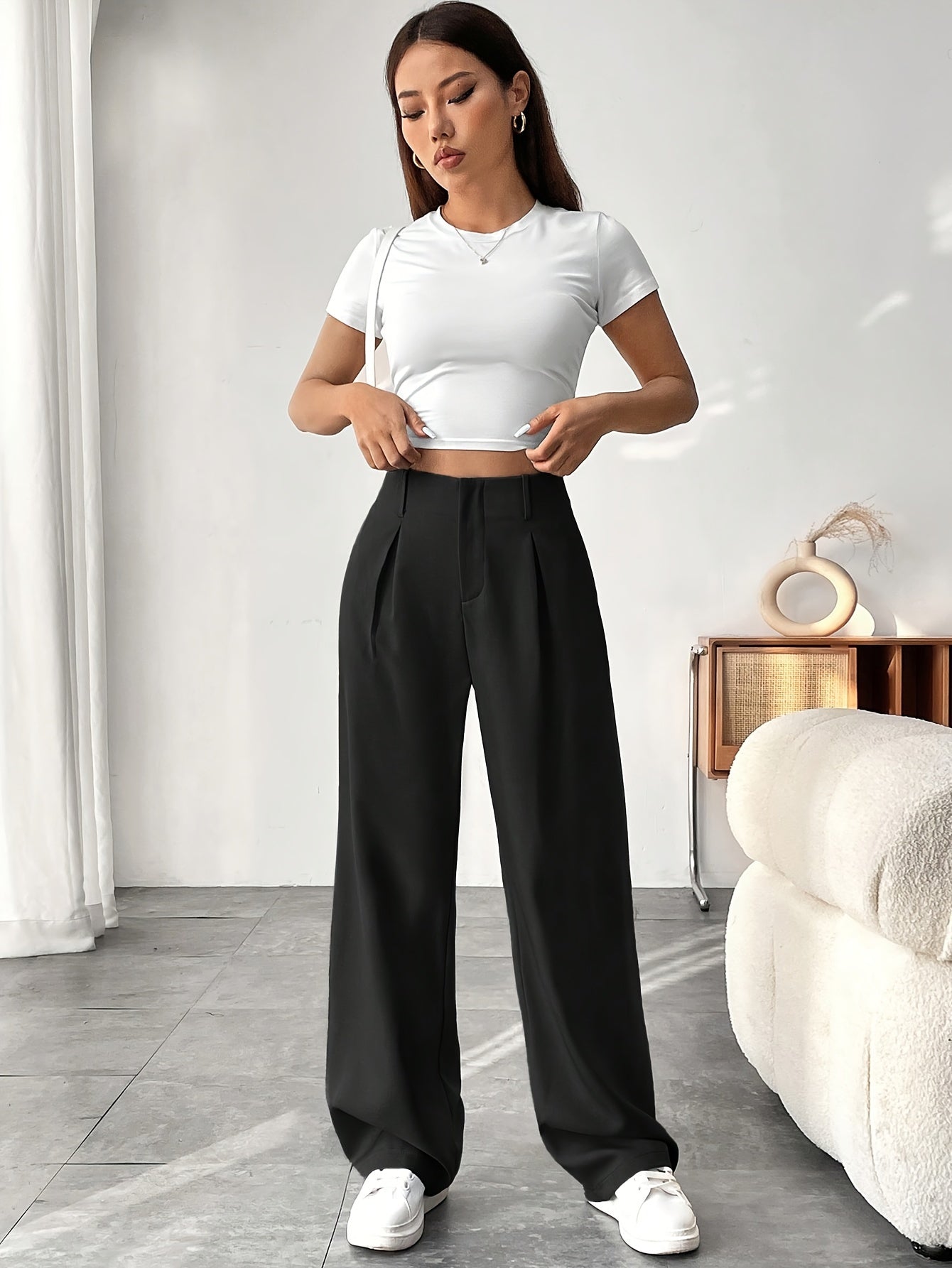 Women's Casual Wide-Leg Pants with High Waist and Slight Flare - Solid Color, Polyester, Machine Washable