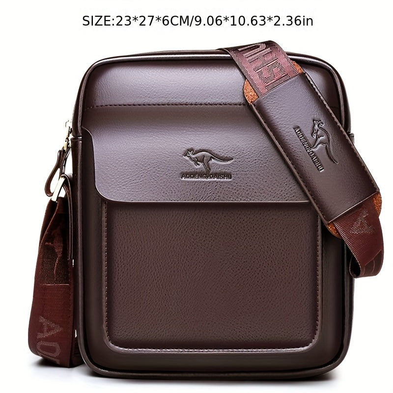 DOSHENG Men's Stylish Black Synthetic Leather Crossbody Bag - Adjustable Strap, Multi-Compartment Business Casual Satchel with Embossed Dinosaur Logo for Office Use, Versatile Crossbody Bag | Stylish Men's Accessory | Metalli