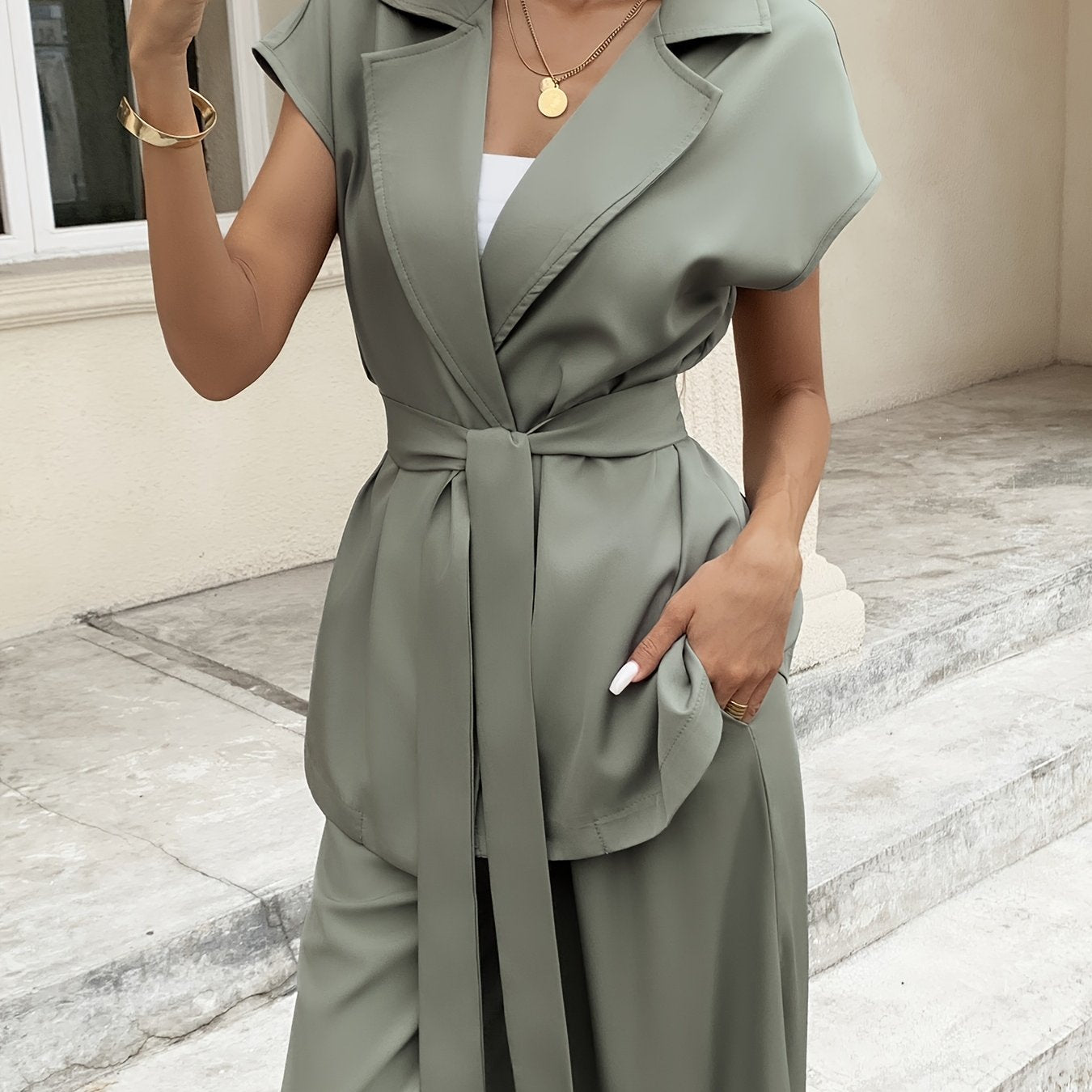 Women'S Elegant Drop Shoulder Suit Vest + Elastic Waist Ruched Pants Two-Piece Set with Belt