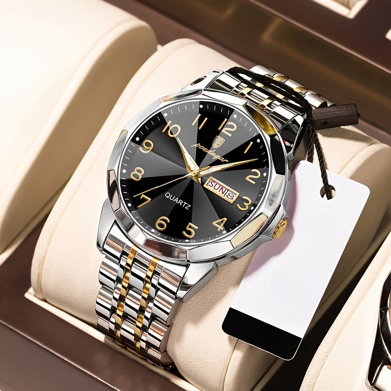1pc BINBOND Men'S Fashion Watch, Luxury Dual Calendar Quartz Wristwatch, Business Style, Round Alloy Case, Stainless Steel Strap, Water-Resistant, Luminous Pointer Display, Battery Powered, Perfect for Valentine's, Christmas,