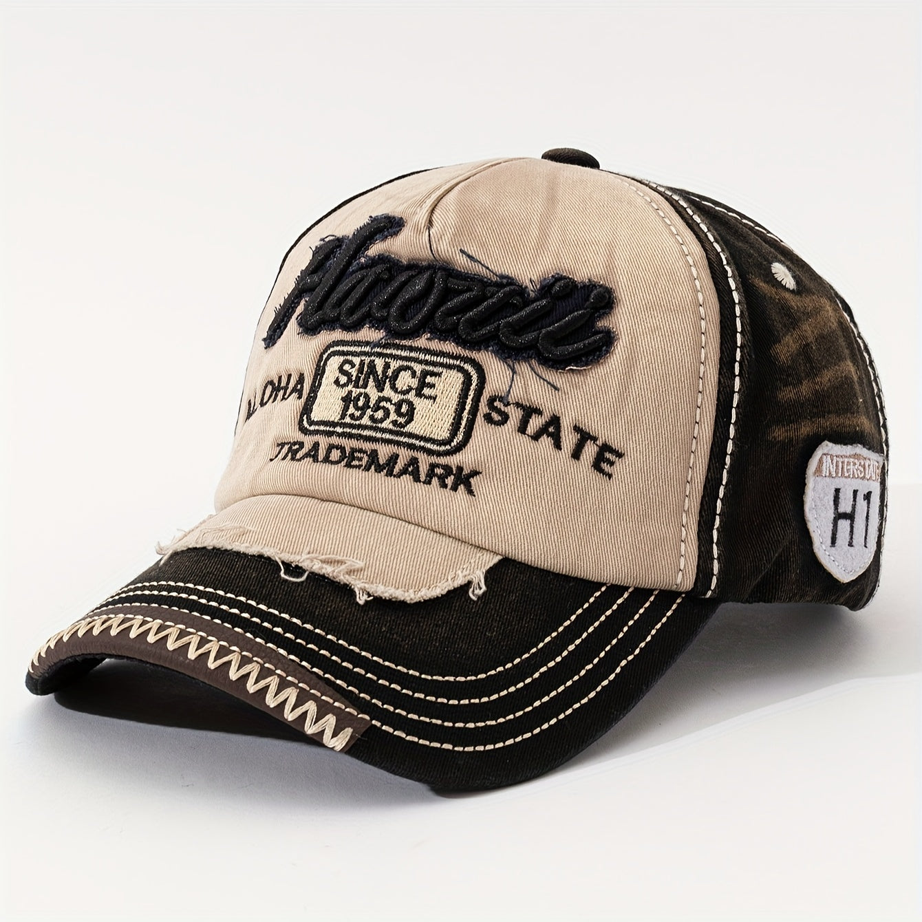 HAWAII Vintage Distressed Baseball Cap - Adjustable Lightweight Unisex Hat with 3D Embroidered Aloha Text, Dual-Tone Beige & Brown, Breathable Design for Men & Women, Daily Use & Vacation, Hawaiian Accessories, Casual Headwea