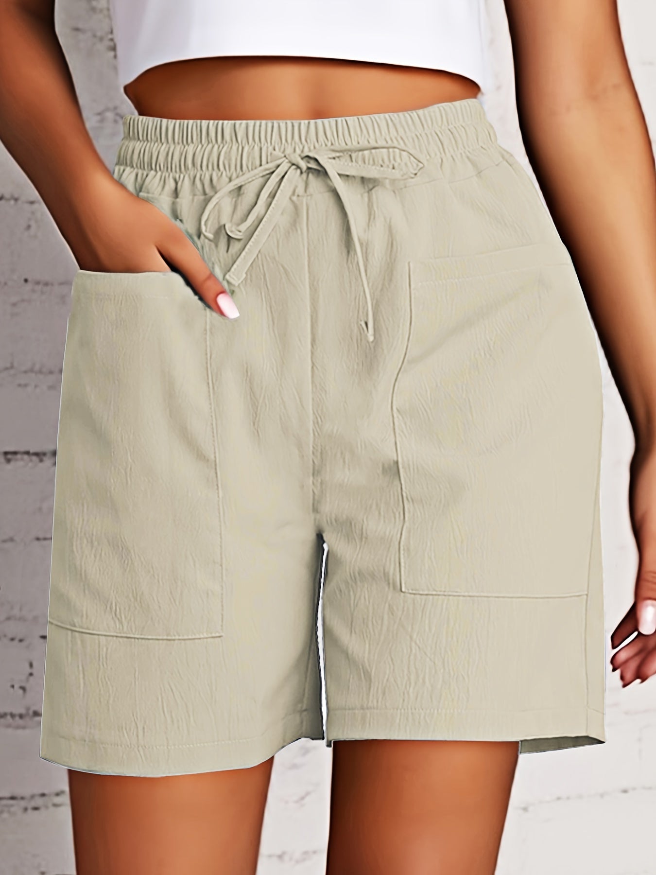 Women's Beige Cargo Shorts - Casual & Stylish, Solid Color with Drawstring Waist and Pockets, Polyester Blend, Machine Washable, All-Season Comfort