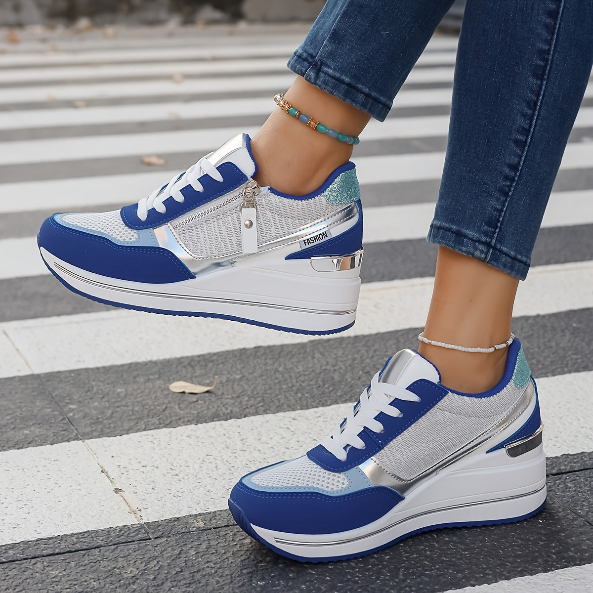 Women'S Fashionable Atmospheric Casual Shoes, Thickened Heightened Non-Slip Anti-Slippery Durable, Blue, with Stabilizing Support, Mesh Fabric Upper, Man Made Materials (Polyurethane) Upper, Fabric Inner, PVC Sole, Fabric Ins
