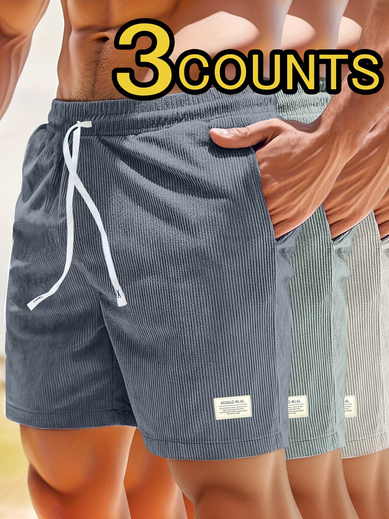 Pearson OBM Men's Corduroy Casual Shorts, White Drawstring, Polyester, Machine Washable, Slightly Elastic Fabric, Comfortable in Summer