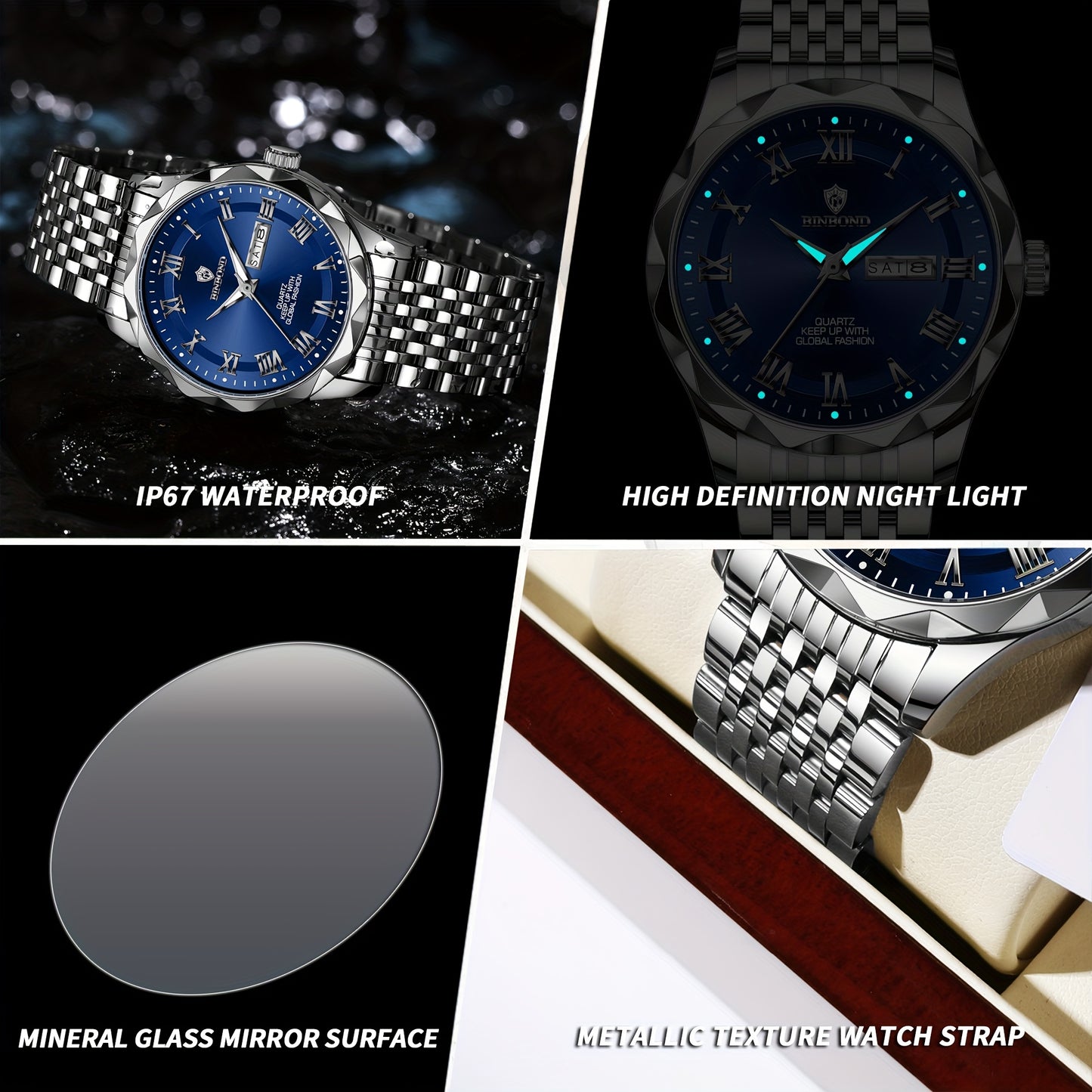BINBOND Men'S Quartz Watch - Waterproof, Stainless Steel, Luxury Business Style with Stopwatch & Date Display, Blue & Silvery Dial, Electronic Movement, IP67 Rating, Elegant Male Wristwatch for Professional or Casual Wea