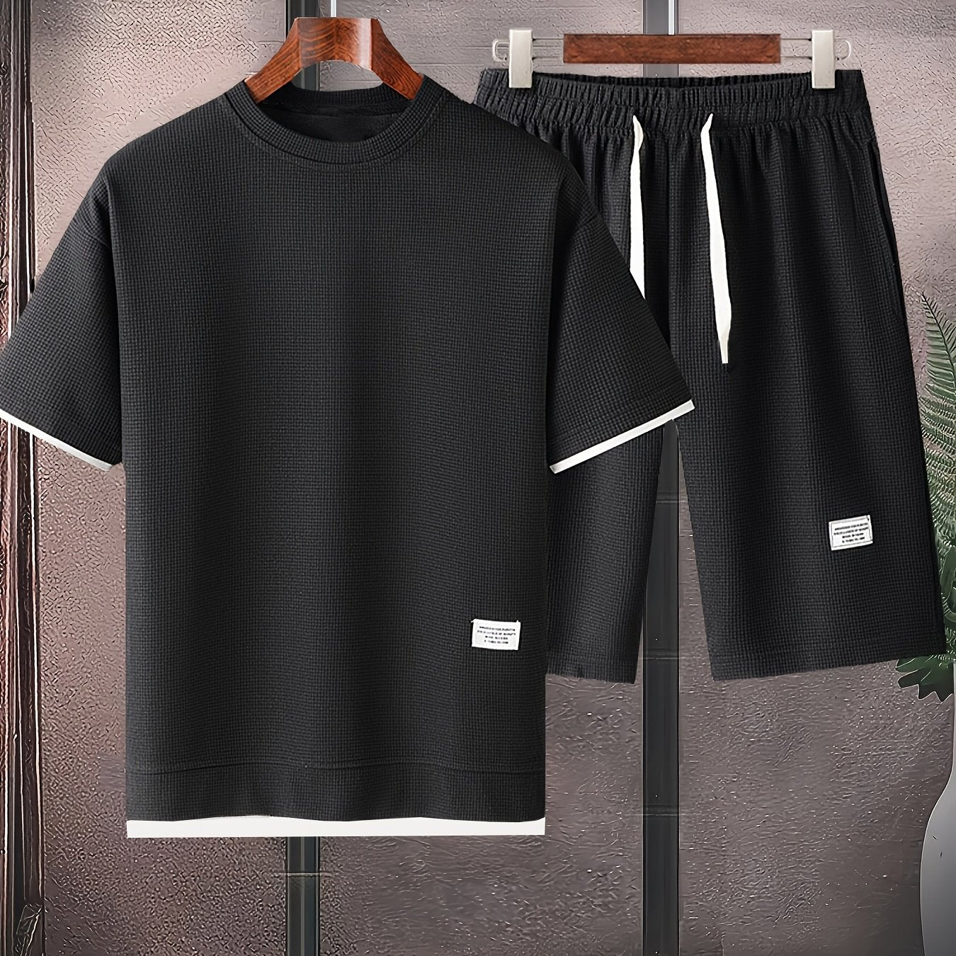 Waffle short-sleeved T-shirt Men's casual sports suit summer loose fake two-piece half-sleeve T-shirt set