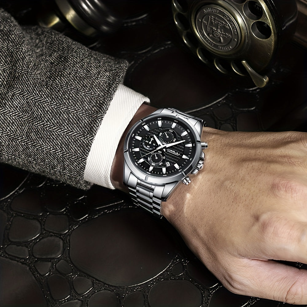 CRRJU Fashion Men's Watch, Business Solid Stainless Steel Multifunctional Chronograph Watch