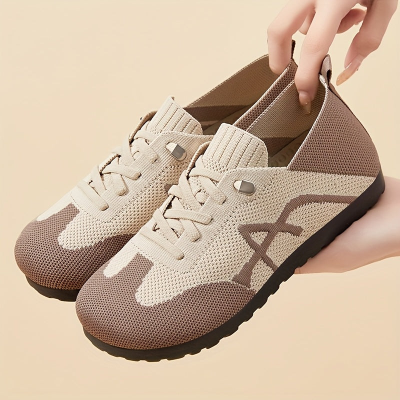 Women's Lightweight Breathable Slip-On Sneakers - Casual Low-Top Shoes with Knit Fabric Upper & Durable PVC Sole, Comfortable for Indoor Outdoor Spring Wear, Brown & Black, Ladies Sneakers