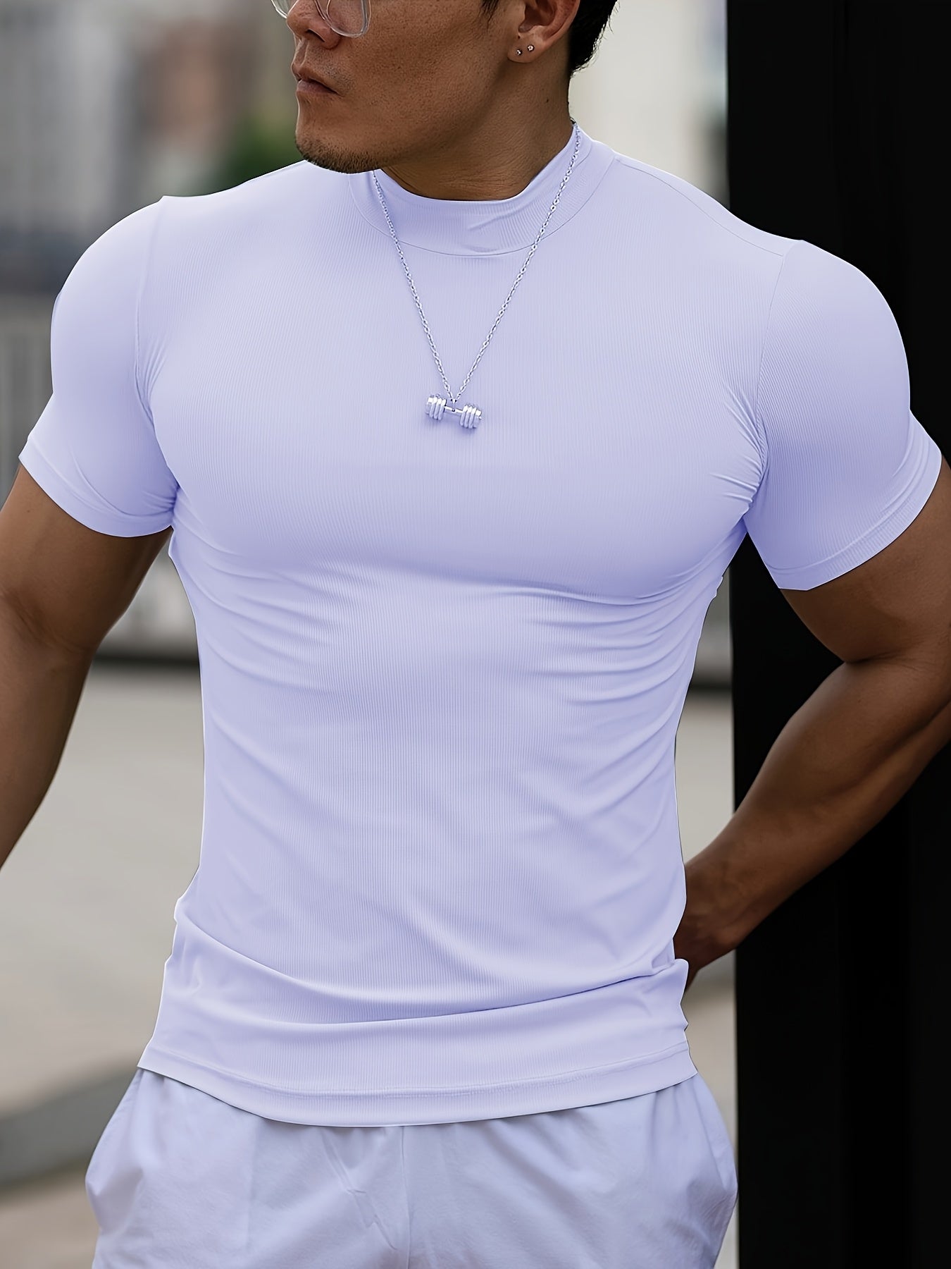 Men'S White Short Sleeve T-Shirt - Stretchy, Moisture-Wicking, Round Neck, Casual Fitness Wear for Summer, Sporty Style, Sportswear Tee | Sporty Neckline | Stretchy Fabric