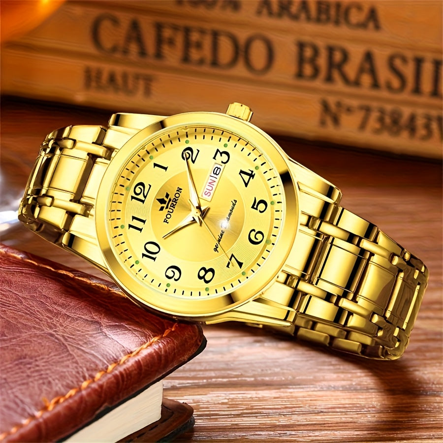 FOURRON Men's Quartz Watch - Trendy and Fashionable Appearance Stainless Steel Band with Luminous & Date Display, Ideal Gift for Birthdays & Holidays, Sunday Calendar Display, Multifunctional Watch, Casual Fashion, Gift for R
