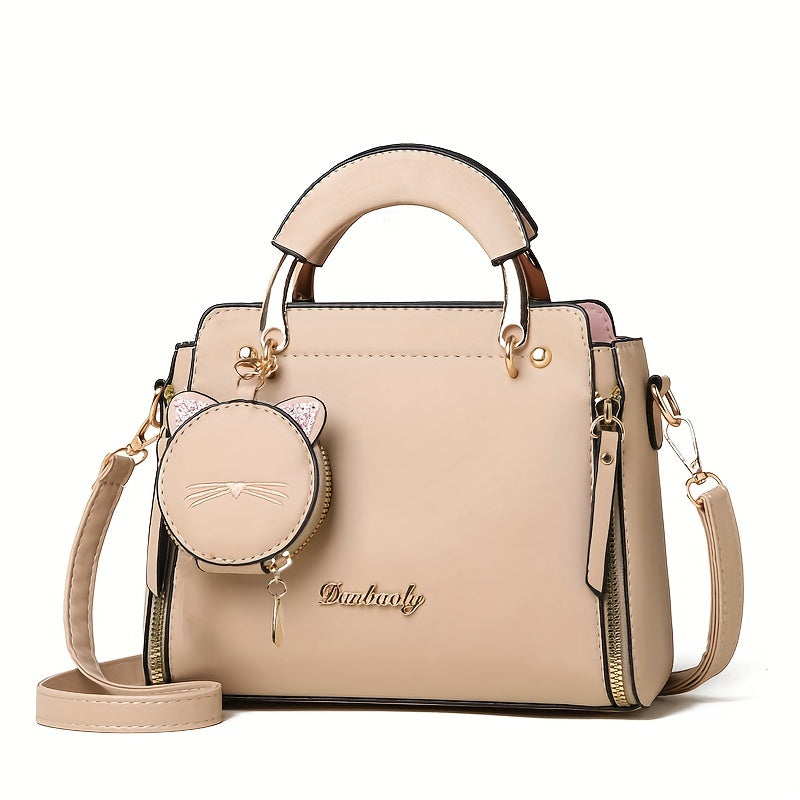 Women'S Fashion 2023 Embroidered Cat Design Messenger Bag, Removable Strap, Zipper Closure, Polyester Lined, Casual Shoulder Handbag with Edge Paint Detail