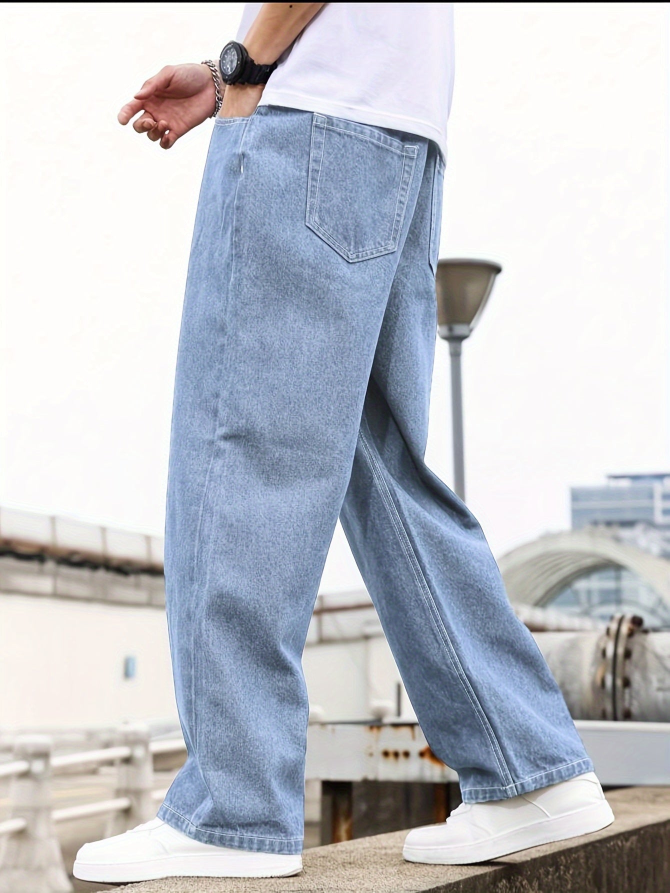 Men'S Loose-Fit Jeans, Cotton Blend Street Style Denim Pants, Non-Stretch Solid Color, Regular Length, with Multiple Pockets for All-Season Wear
