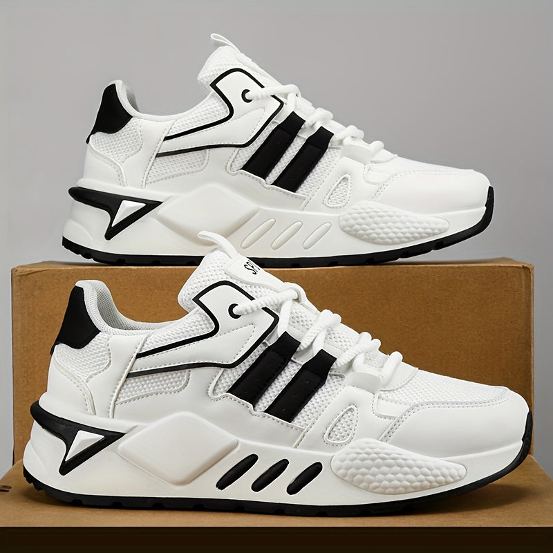 Men's Low-Top Skate Sneakers - White/Black Accent Lace-Up Shoes, Cushioned EVA Insole & Non-Slip Rubber Outsole for All-Season Urban Streetwear, Gym, Everyday - Breathable PU Upper Casual Shoes, Gym Footwear, Street Style, Du