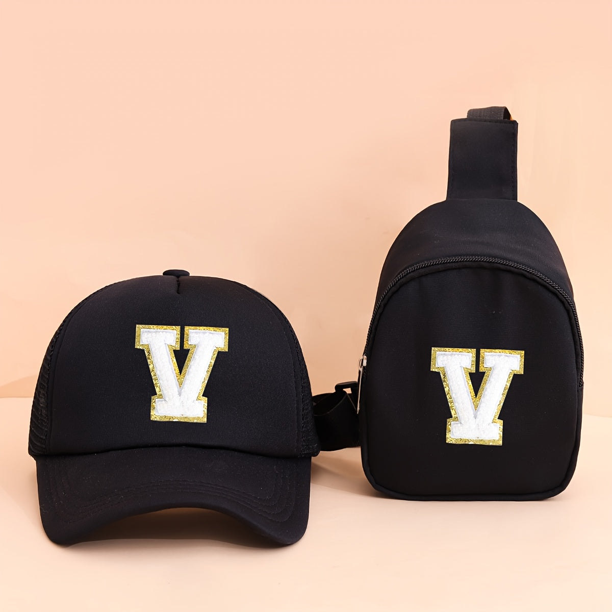 2pcs Kids' Printed Alphabet Pattern Set, Includes 1 Black Stylish Breathable Trucker Hat and 1 Black Crossbody Bag, Lightweight Sun Hat with Small Coin Purse, Suitable for Boys and Girls Aged 5-10 for Daily Outings and Back-t