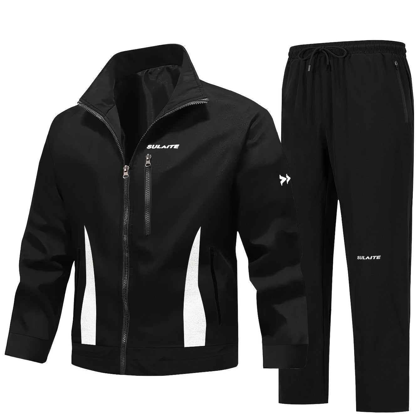 Men'S Casual Sportswear Set - Black Jacket with Zipper Pockets & White Accents, Matching Pants, Perfect for Spring & Fall, Sportswear Outfit|Zippered Jacket|Functional Pockets