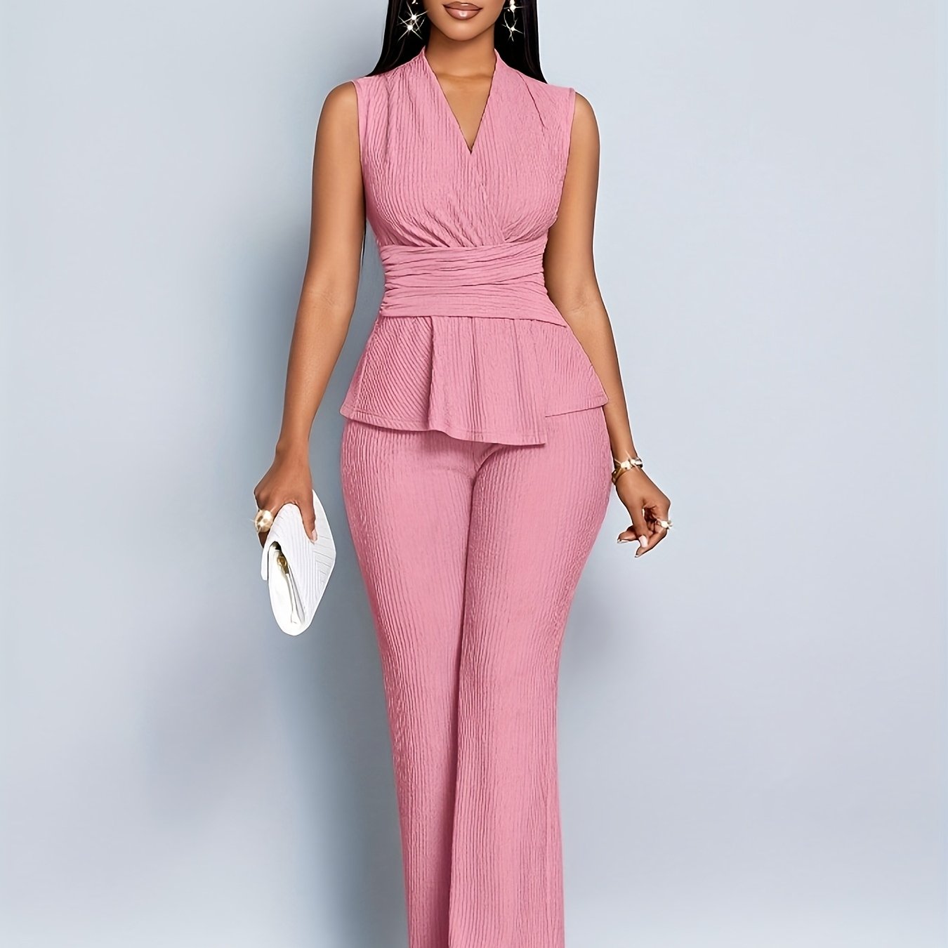 Women's Elegant V-Neck Sleeveless T-Shirt and Wide-Leg Pants Two-Piece Set, Asymmetrical Hem Casual Spring/Summer Outfit