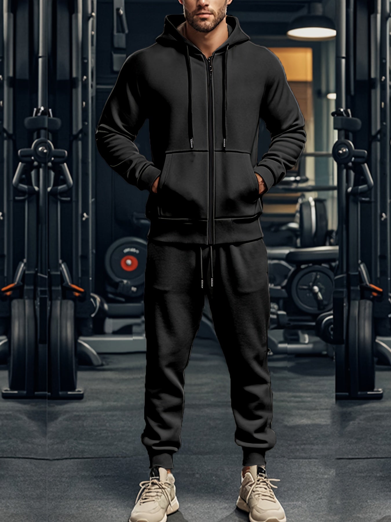 2pcs Men's Solid Color Hooded Long Sleeve Sweatshirt + Pants Set, Casual Co-ord Sports Fitness Set