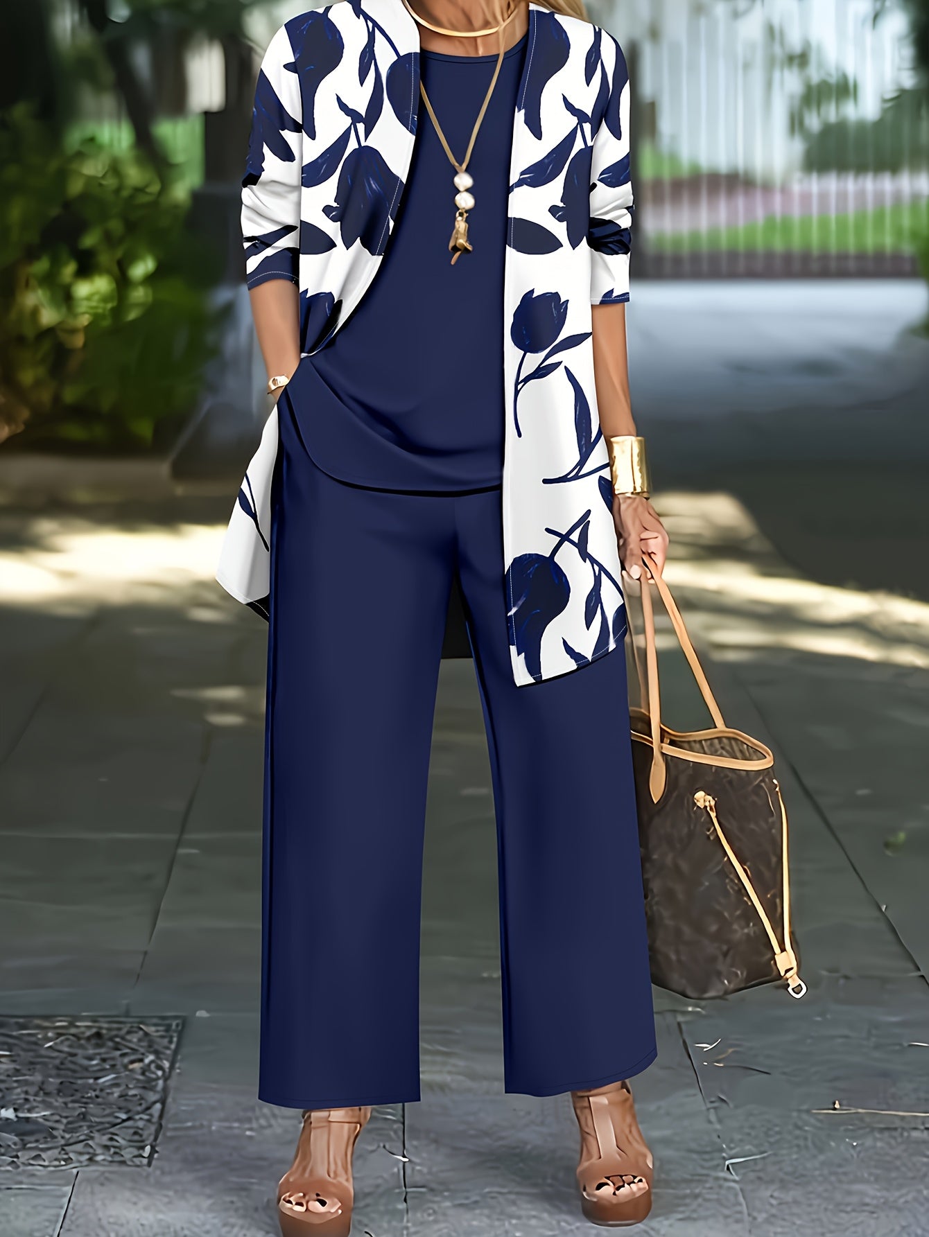 New Fashionable Elegant Simple Casual Women'S Printed Shirt Pants Jacket Set Three-Piece