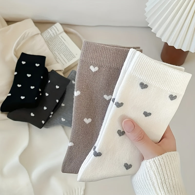 5 Pairs Women'S Heart Print Crew Socks, Polyester and Spandex Blend, Knit Fabric, Short Style, Casual Fashion, Non-Iron, Hand Wash - Black, White, Grey