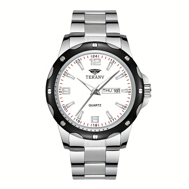 Elegant Men's Stainless Steel Quartz Watch - IPX7 High Quality, Luminous Hands, Date & Day Display, Business Casual Sporty Design for Everyday & Water Activities, Versatile Wristwatch, Sleek Strap Design, Glowing Markers