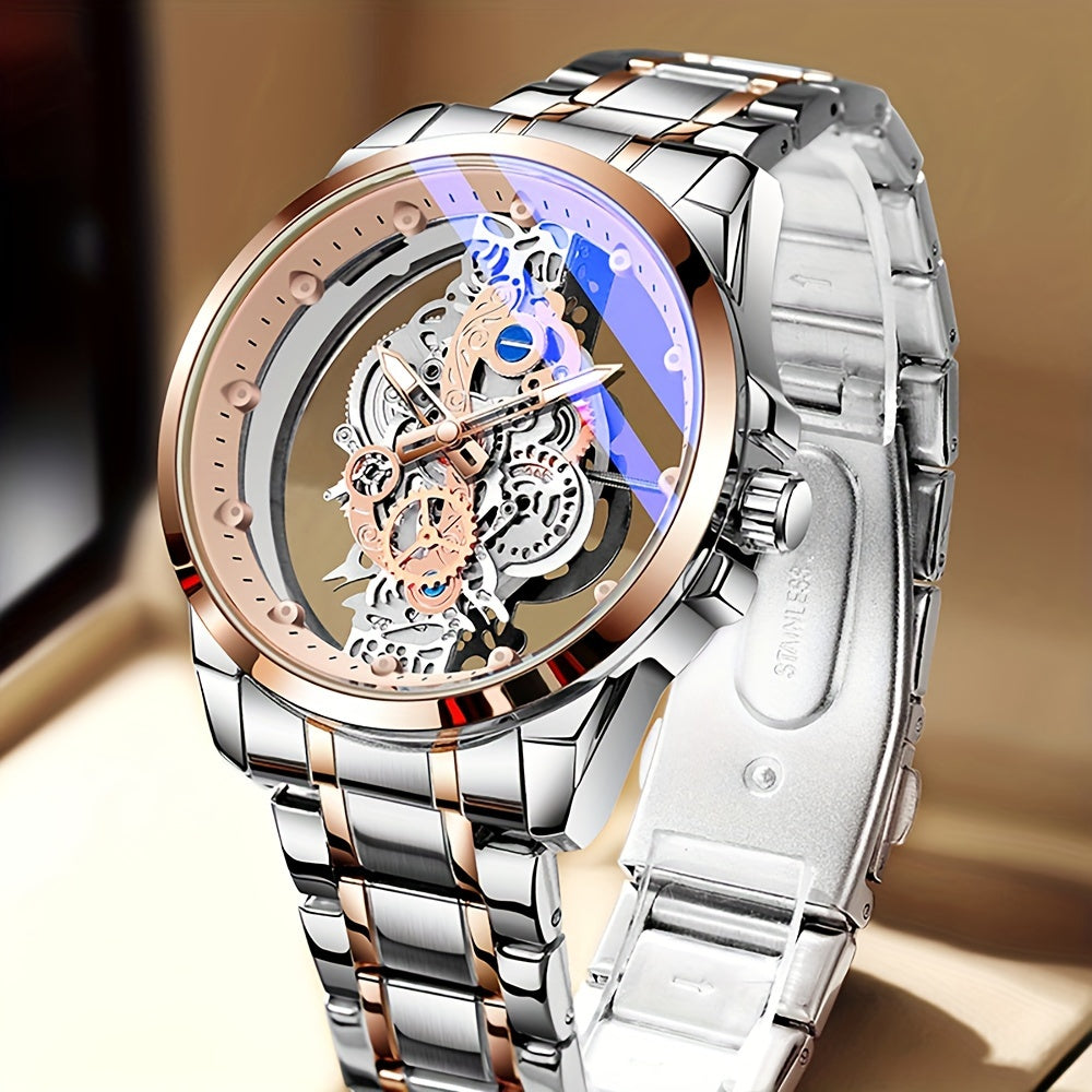 TPW Men's Rose Golden Skeleton Luminous Quartz Watch - Glamorous Luxury Wristwatch with Exposed Movement, Comfortable Metal Band, Father's Day Gift for Him, Luxury Men's Watch | Romantic Watch Design | Rose Golden Finish