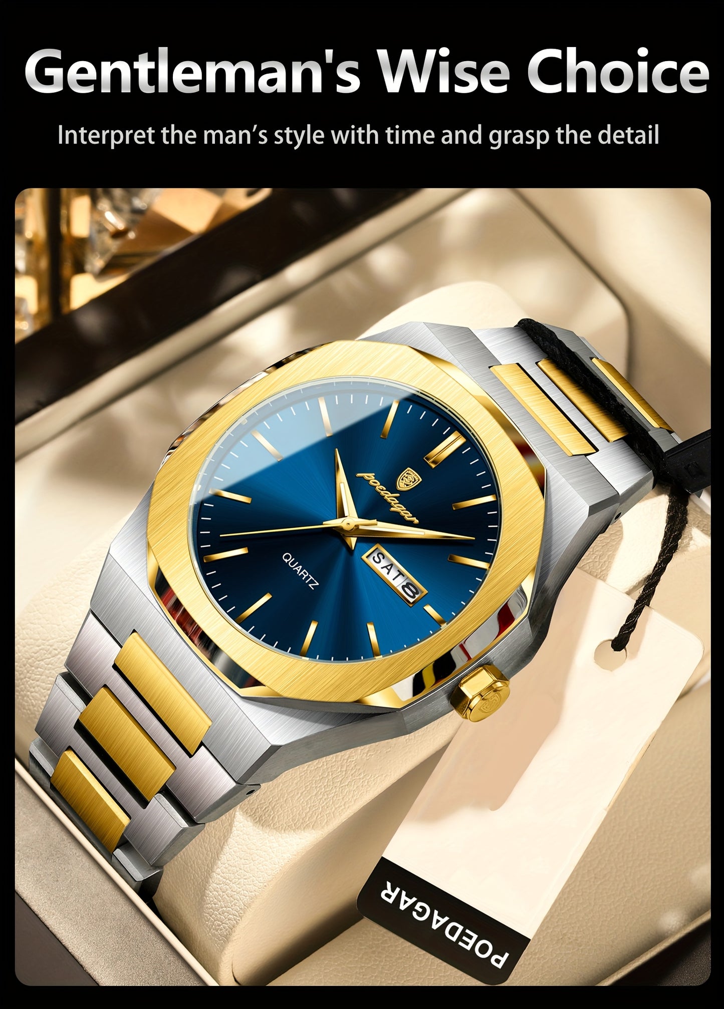 POEDAGAR Men'S Luxury Quartz Watch - Waterproof, Luminous Calendar, Stainless Steel Band, Business Style, Blue & Golden Accents, 3ATM, Non-Rechargeable Button Battery, Perfect for Spring Festival & Valentine'S Day Gifts