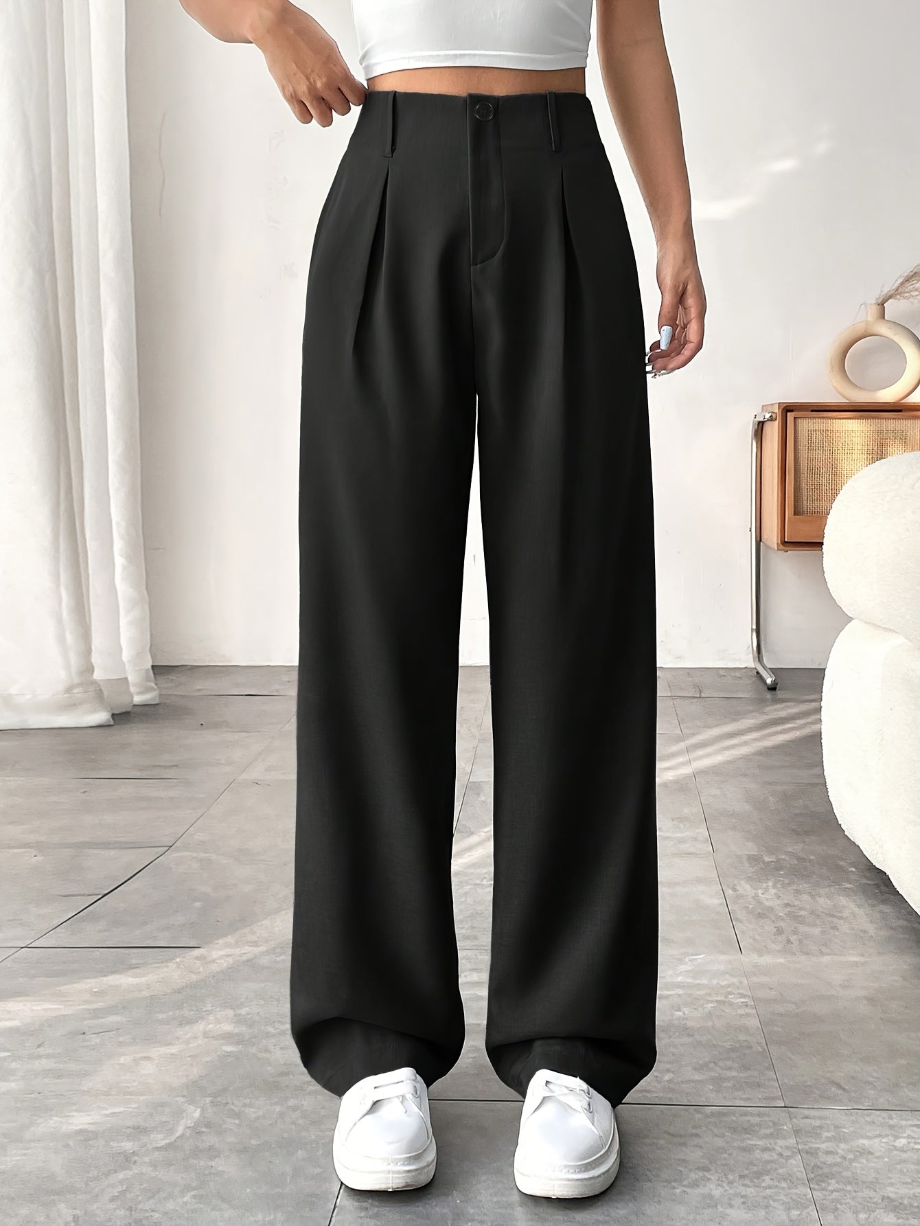 Elegant Style, Women's Elegant Black Straight-Leg Pants with Pockets - High Waist, Polyester Blend, Machine Washable, Ideal for Office and Casual Settings