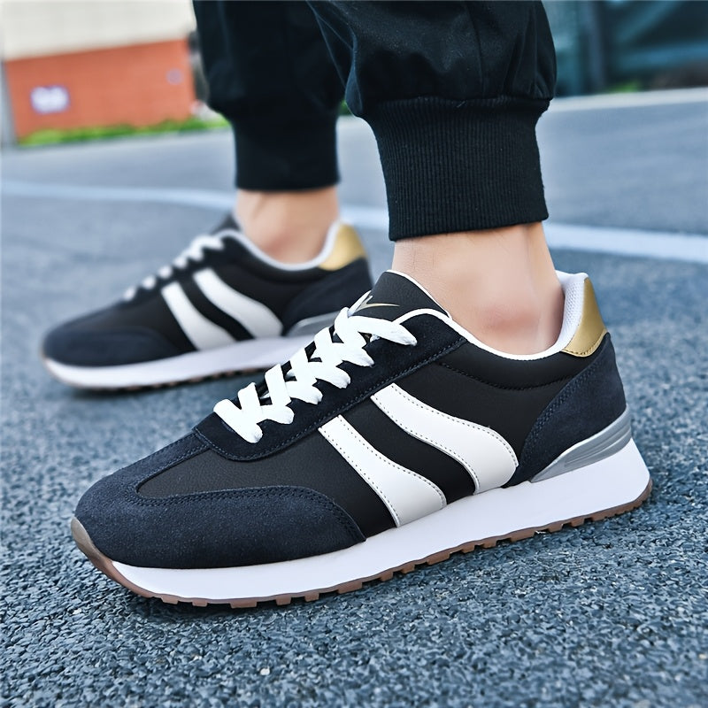 AOPLUS Men's Breathable Casual Running Shoes - Lightweight Low-Top Sneakers with PU Upper & Rubber Sole, Black & White Design for Training, Gym, Casual Attire