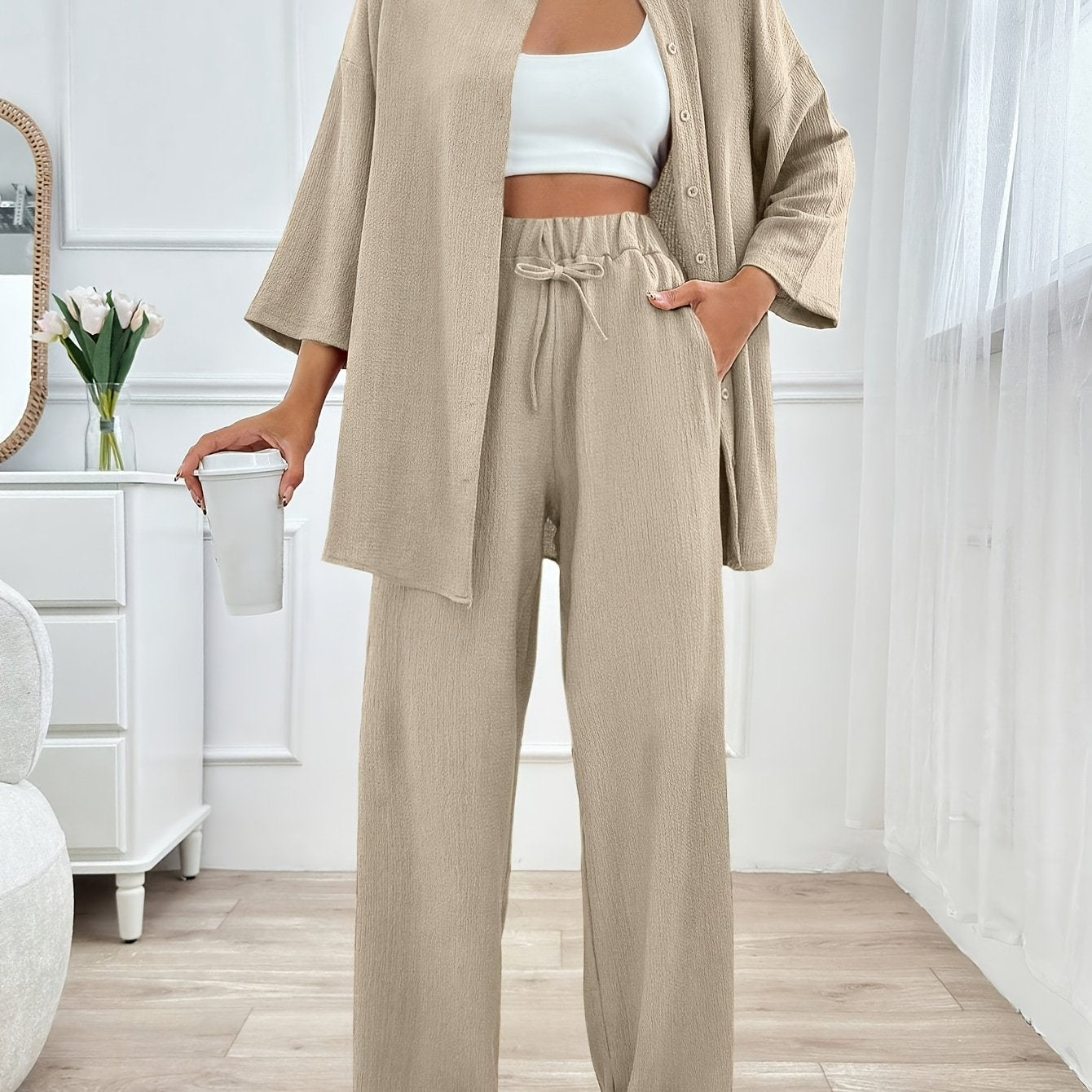 Women'S Elegant Two-Piece Beige Casual Suit - Cropped Top & Wide-Leg Pants with Pockets, Perfect for All Seasons, Stylish Home Attire|Casual Attire|Pocketed Pants