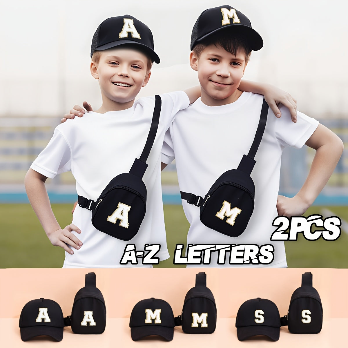 2pcs Kids' Printed Alphabet Pattern Set, Includes 1 Black Stylish Breathable Trucker Hat and 1 Black Crossbody Bag, Lightweight Sun Hat with Small Coin Purse, Suitable for Boys and Girls Aged 5-10 for Daily Outings and Back-t