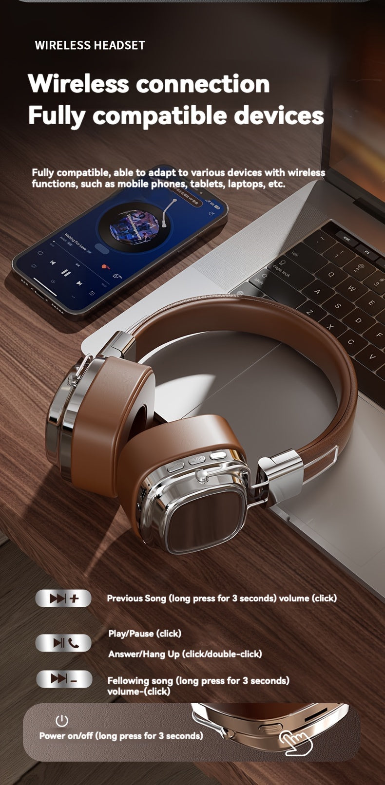 Vintage-Inspired Over-Ear Wireless Headset With Wireless 5.3 Chip - No Lag Gaming, Hi-Fi Sound & Deep Bass, Long-Lasting 350Mah Battery, Ideal For Music Lovers & Athletes