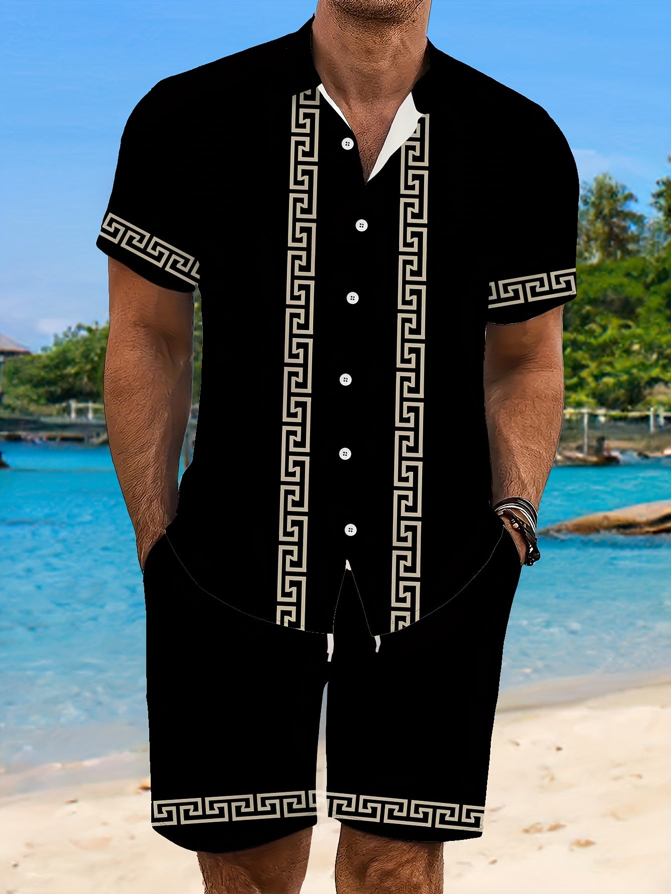 Men's Casual Summer Shirt Set, Elegant Black Silvery-Edge Pattern 3D Print, Loose Lapel Short Sleeve Shirt and Drawstring Shorts 2pcs