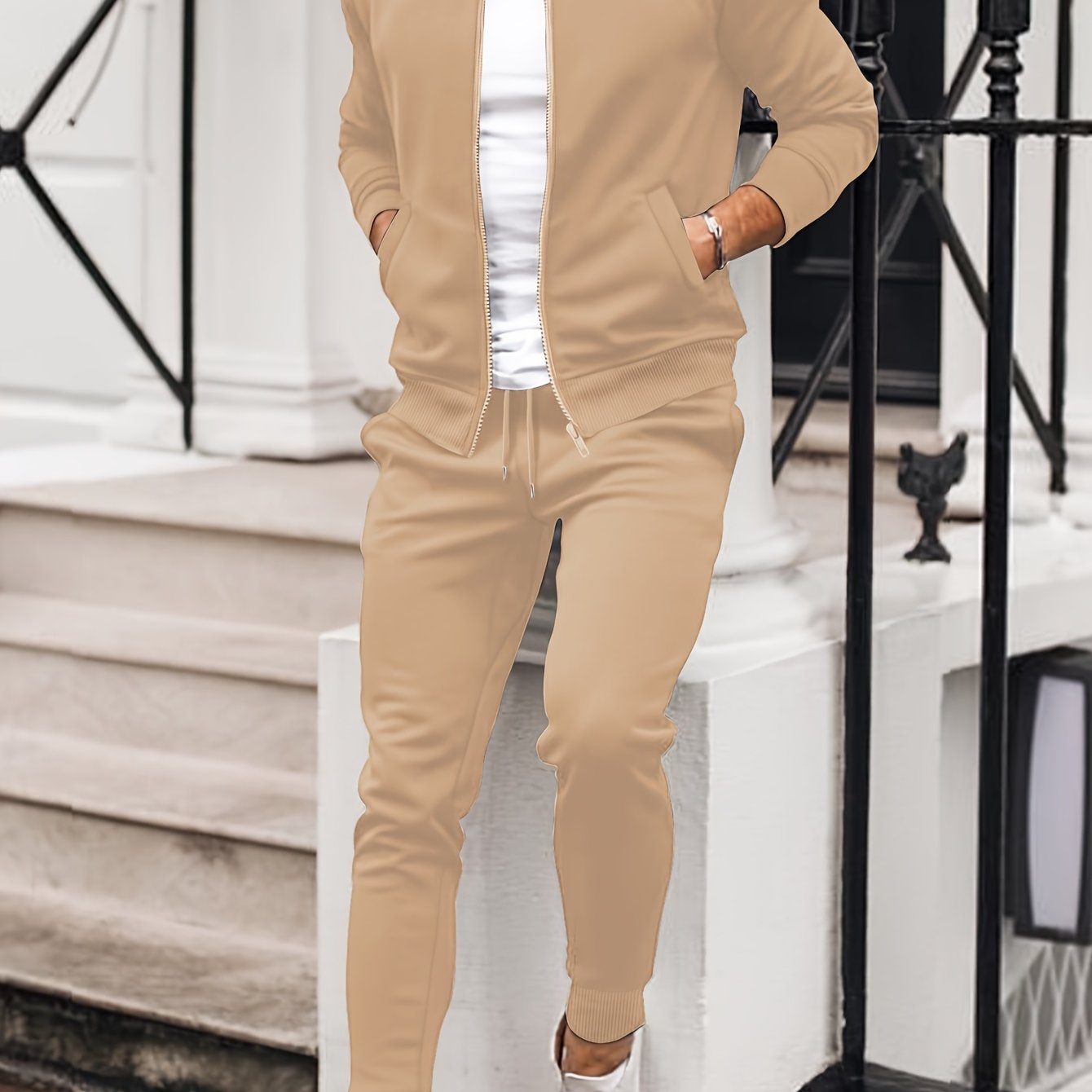 Men'S Casual Polyester Sweatsuit Set with Baseball Collar and Slight Stretch - Solid Color Long Sleeve Knit Fabric Track Suit for Fall/Winter