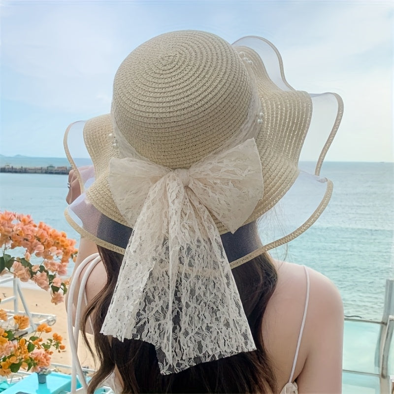 Women'S Elegant Straw Sun Hat with Lace Bow & Mesh Brim - Foldable, Breathable Beach Hat for Summer, Black Ruffled Sleeve Design, Perfect for & Stylish Outfits, Beach Accessories