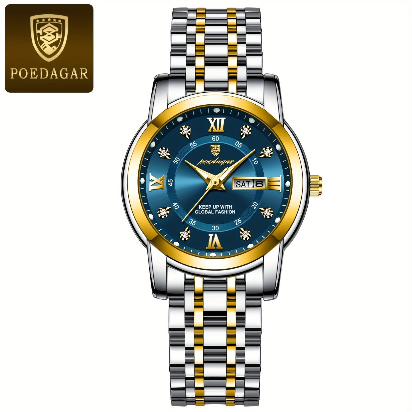 POEDAGAR Elegant Stainless Steel Quartz Watch for Women, Luminous Calendar, Round Alloy Case, Trendy Korean Style, Non-Rechargeable Battery, Watch Accessories